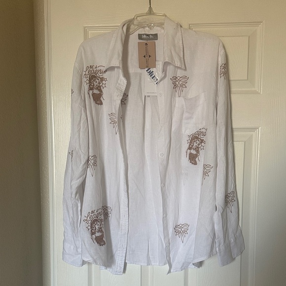 White Button-Up Shirt with Brown western Design - Picture 1 of 6